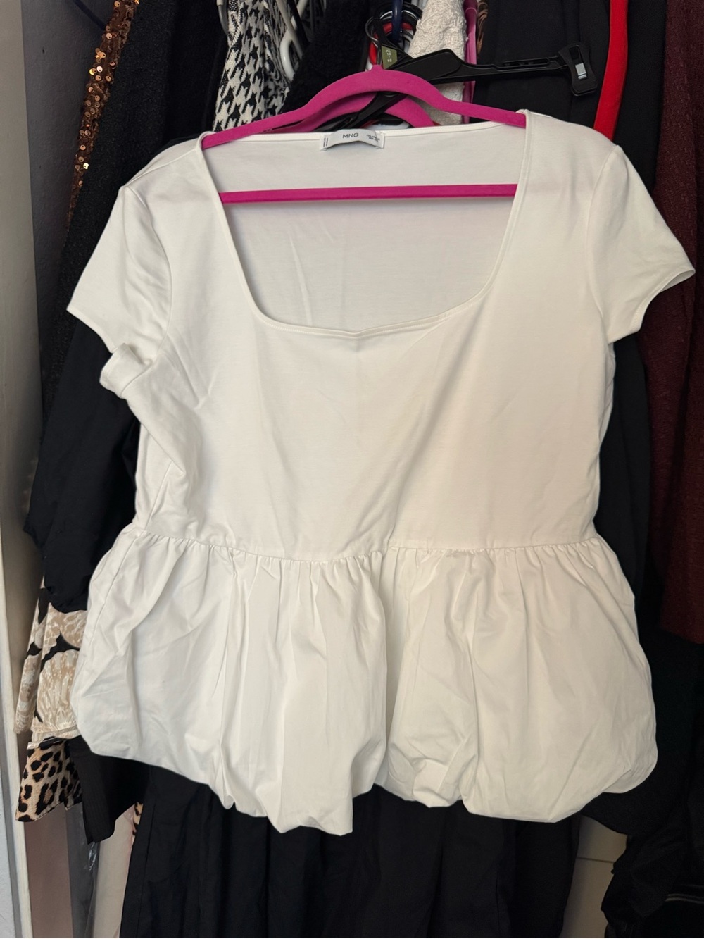 Mango White Scoop Peplum Short Sleeve Top